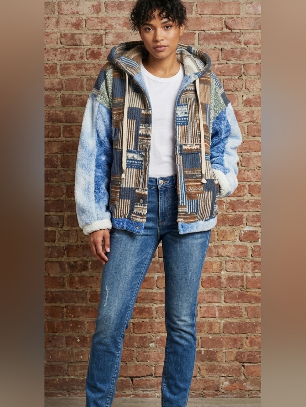 POL Patchwork Sherpa Hooded Shacket Sz L NWOT - Picture 1 of 8
